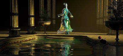 woman in a green suit walks along the pool