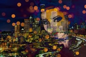 female face on night city background