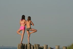 girls in bathing suits stand on wooden posts by the sea