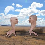 figures of people in the form of hands under the clouds