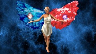 fairy with a red and blue wing with balls in their hands