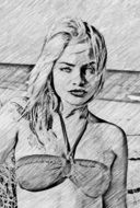 black and white graphic image of a girl in a bikini in detail