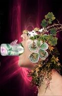 Woman face decorated with plants and toads, collage