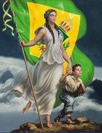 young woman with flag and child boy, symbol of Empire of Brazil