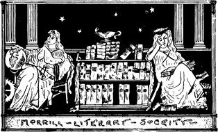 black and white drawing of women in the library, merrill-literary-soceity