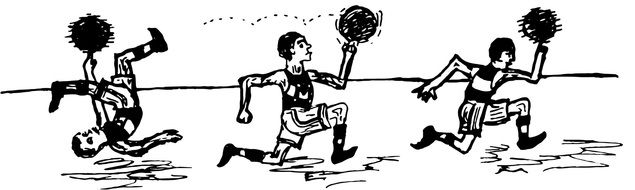 black and white drawing of athletes with balls