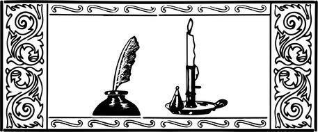 black and white drawing of a candle and ink in a frame