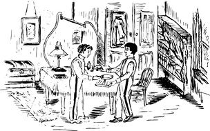 black and white vintage drawing of two men near the table