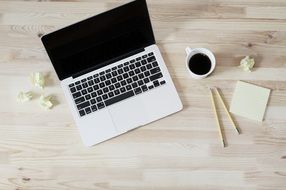 open laptop and Coffee in cup on Desk, Work Space
