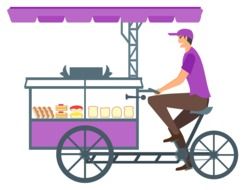 drawing seller of bread and cakes on a bicycle