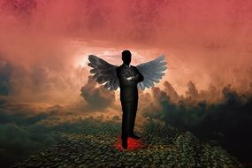 Devil, winged dark faced man in business suit