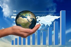 globe in human hand on background of chart