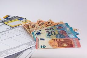 Euro banknotes and visa cards
