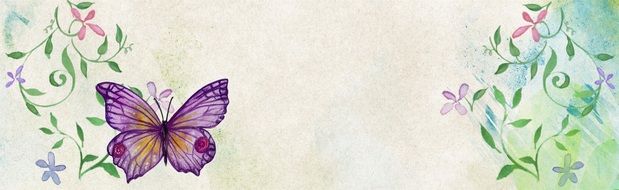 card with purple butterfly and spring flowers