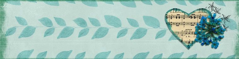 a blue banner with a picture of leaves, heart and flowers