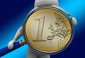 person with Euro coin in Magnifying Glass frame, 3d rendering