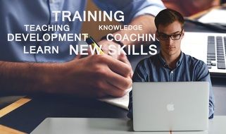 Businessman and text training neaching knowledge development coaching learn new skills