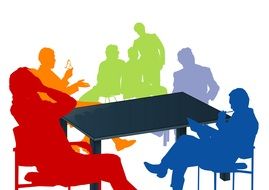 colored silhouettes of people at the table