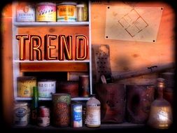 trend inscription on a shelf with goods on a rac