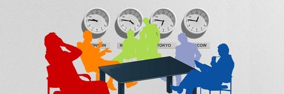 colored silhouettes of people at the table against the background of hours