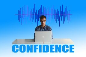 young man works on a computer and the inscription Confidence