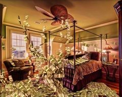 drawn whirlwind of money in a hotel room