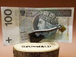 a bill on a log next to an ax