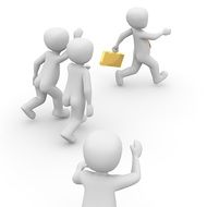 business man with a yellow folder goes away from people