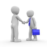 handshake of a man in a blue tie and with a blue folder
