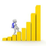 figure of a man with a blue backpack on the yellow stairs