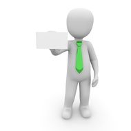 figure of a man with a green tie and card in hand