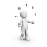 human figure juggles coins on white background