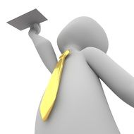 human figurine holds a card in a raised hand