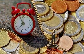 euro coins and alarm clock