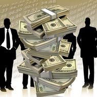 wads of cash and the silhouettes of businesspeople drawing