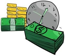 drawing of bundle of money and clock