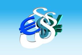 colorful Euro, Dollar and Yen currency symbols together at blue background