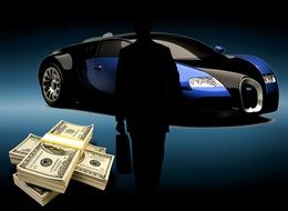 dollars, silhouette of a businessman and a sports car
