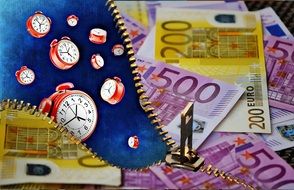 background with red alarm clocks and euro banknotes