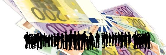 banner with black silhouettes of people and banknotes