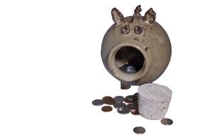 Coins in front of open Piggy Bank
