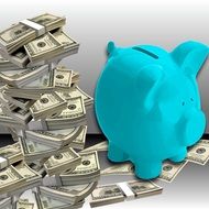 blue piggy bank on dollar bills