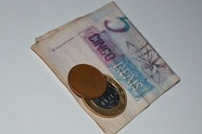 coins lay on folded money