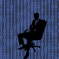 businessman in chair on the binary codes background