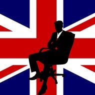 businessman sits at flag of United Kingdom, drawing