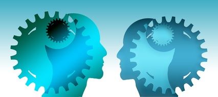 Silhouettes of human heads with gears, drawing