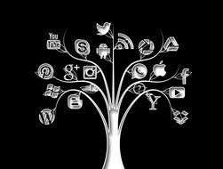tree with logos on a black background