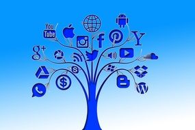 blue tree with logos on a light blue background