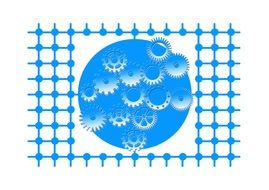 blue circle with gears on a white background with blue stripes