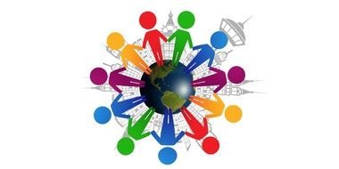 human chain around the globe on white background